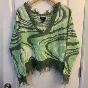 Just Polly Lost My Marbles Green Frayed Distressed V-Neck Sweater Medium NWT
